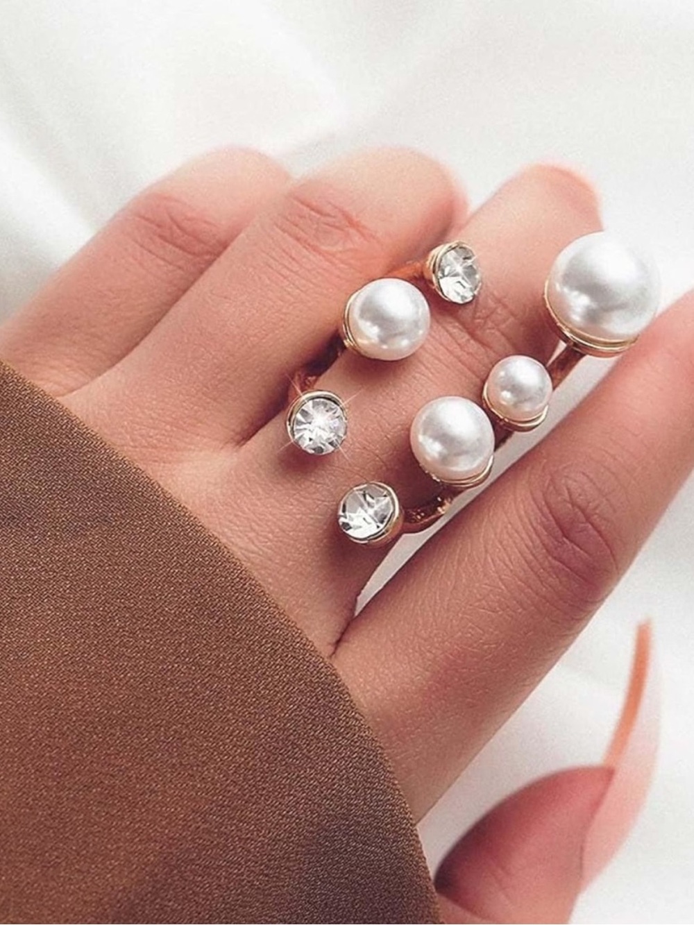 Anthropologie Gold Open Ring with White Pearls & Clear Crystals